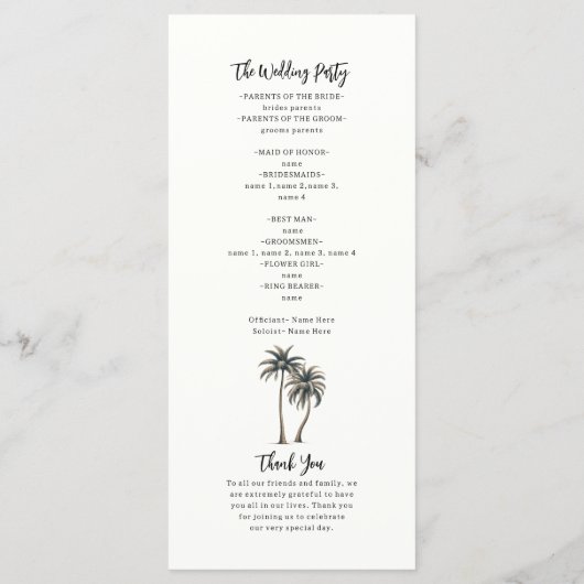 Palmier tropical Programme de mariage rustique sur (Dos)