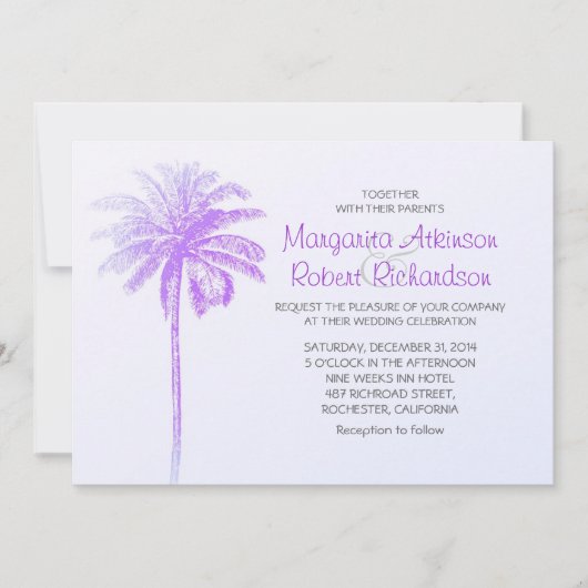 palmier violet blanc plage invitation mariage (Devant)
