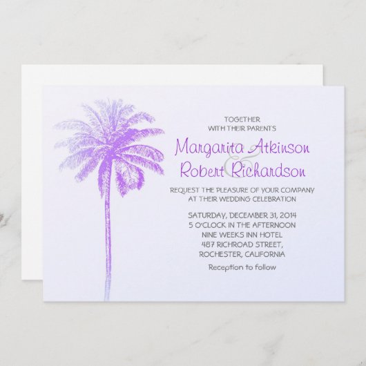 palmier violet blanc plage invitation mariage (Devant / Derrière)