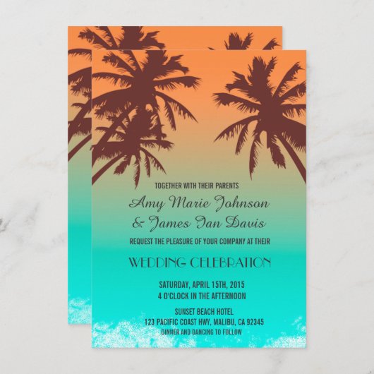 Palmiers bleu océan plage mariage invitations plag (Devant / Derrière)