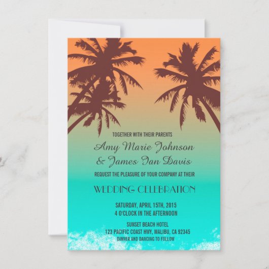 Palmiers bleu océan plage mariage invitations plag (Devant)