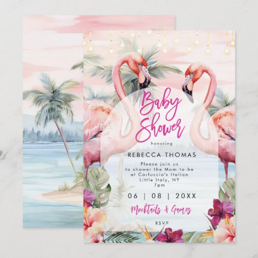 palmiers de plage flamingo baby shower invitation (Devant / Derrière)