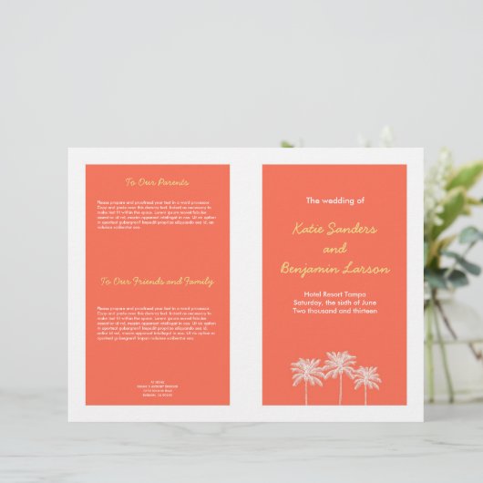 Palmiers en bloc rose corail programme de mariage (Debout devant)