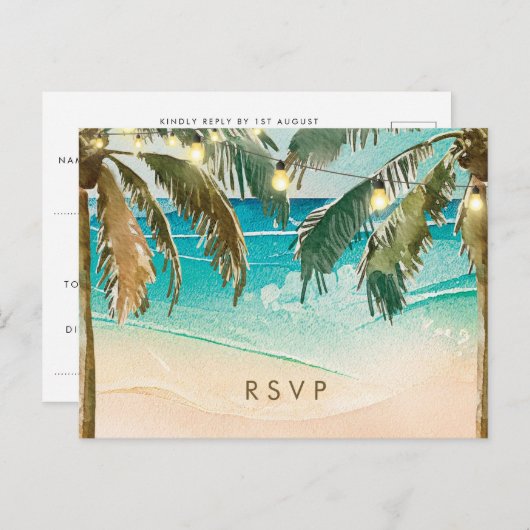 Palmiers lumières plage mariage rsvp carte postale (Devant / Derrière)