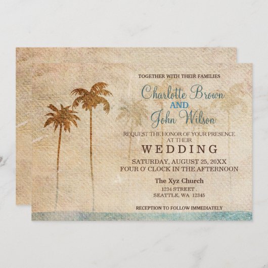 Palmiers Rustiques Plage Mariage Invitations (Devant / Derrière)