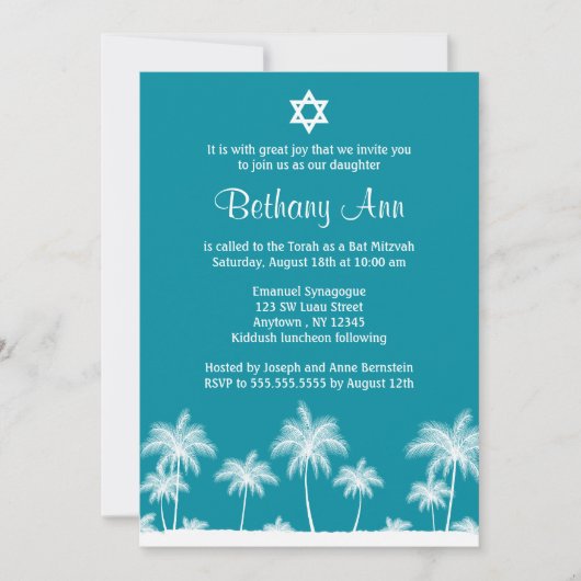 Palmiers tropicaux Invitations Bat mitzvah Turquoi (Devant)
