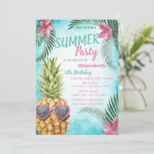 Palmleder, bloemen, ananas Birthday Party Kaart (Staand voorkant)