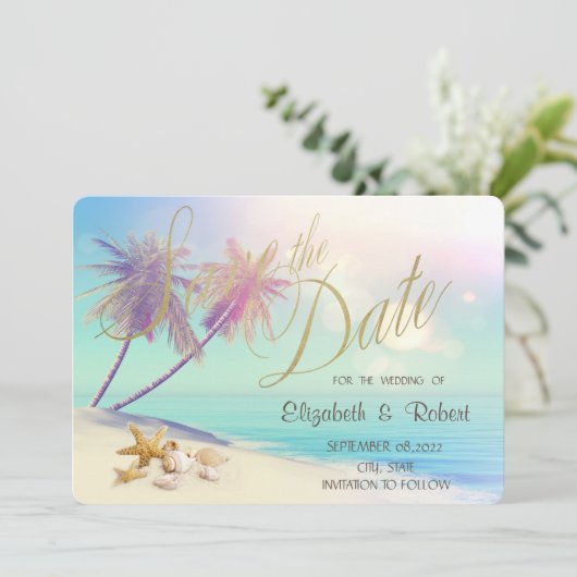 Palms Beach Seashells Weddenschap Save the Date (Staand voorkant)