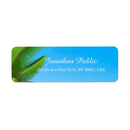 Palms Blue Sky Modern Elegant Hand Script Sjabloon Etiket (Voorkant)