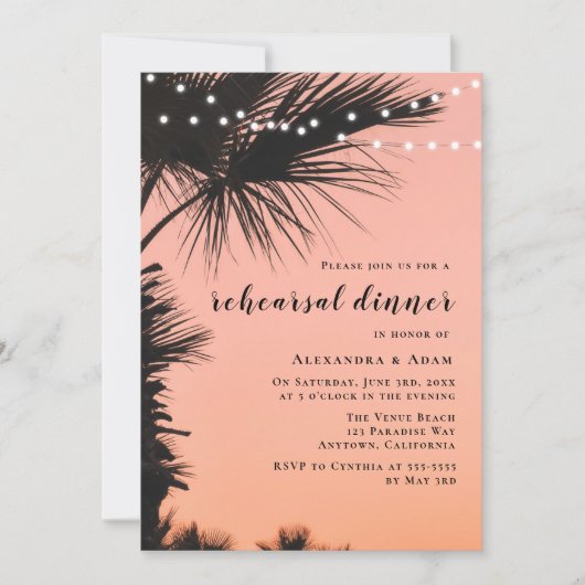 Palmstructuurlampjes Rehearsal Dinner Invitations Kaart (Voorkant)