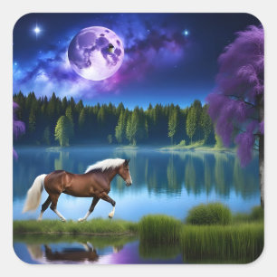 Palomino Belgian Horse onder een Paarse sterrenhem Vierkante Sticker