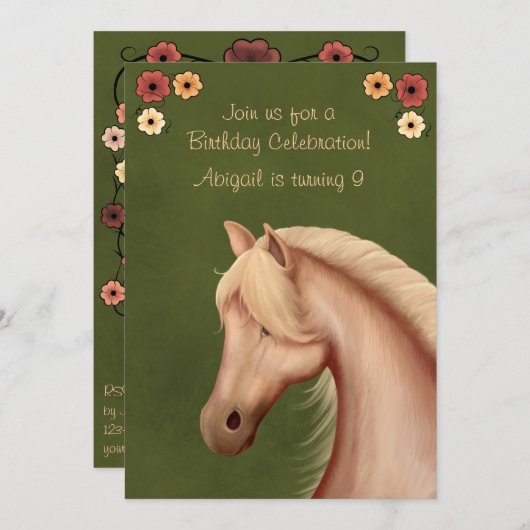 Palomino en Bloemen Paardenverjaardagsuitnodiging Kaart (Voorkant / Achterkant)