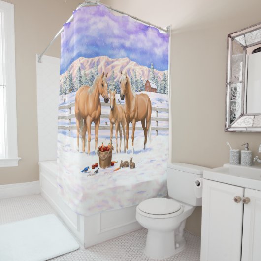 Palomino kwartspaarden in wintersneeuw douchegordijn (In situ)