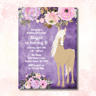  Palomino Paard Roze Paarse Bloemen Verjaardag Kaart