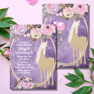  Palomino Pink Purple Flowers Horse Birthday Kaart