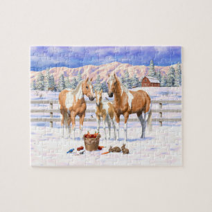 Palomino verf kwartpaarden bij sneeuw legpuzzel