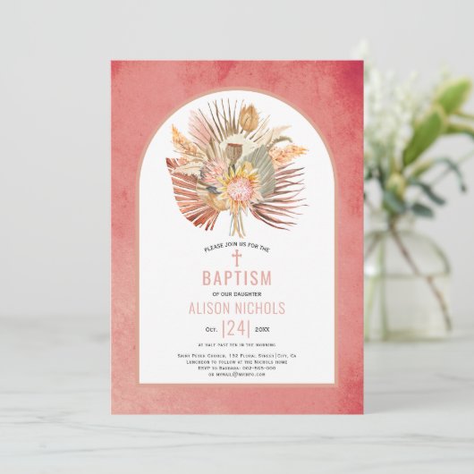 Pamapgras en palmroze baptisme-uitnodiging kaart (Staand voorkant)