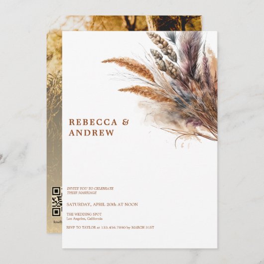 pampagras | Boho-minimalist | QR-code bruiloft Kaart (Voorkant / Achterkant)