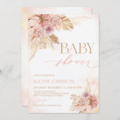 Pampas Baby shower Boho rose Invitation modifiable (Devant / Derrière)