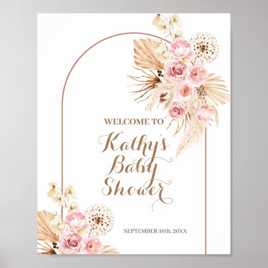Pampas Baby shower rose Floral Boho Affiche de bie (Devant)