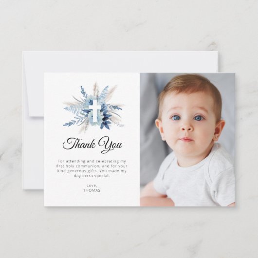 pampas bleu fleurie première communion carte de re (Devant)