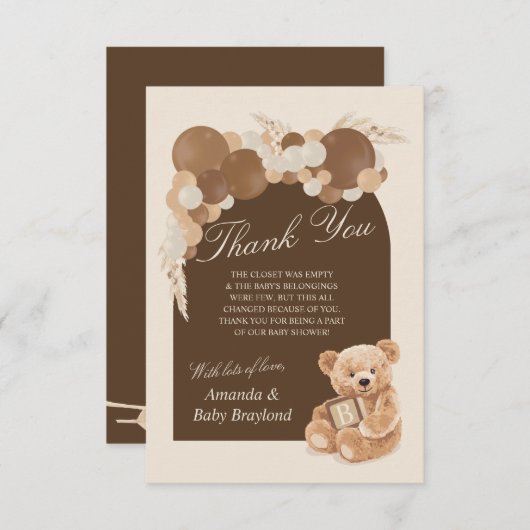 Pampas Brown Carte de remerciements d'ours en pelu (Devant / Derrière)