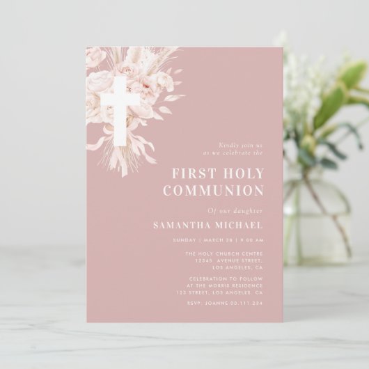 Pampas Dusty roos Eerste Communie Kaart (Staand voorkant)