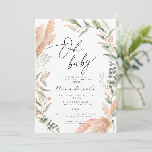 Pampas en greenery boho Oh Baby Kaart (Staand voorkant)