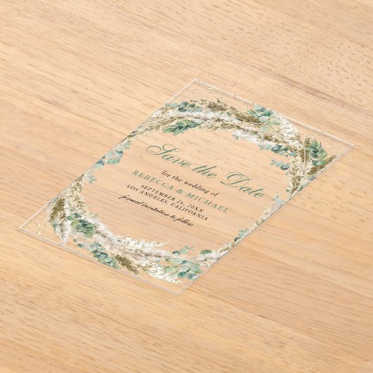 Pampas Eucalyptus Krans Trouwen Save the Date Acryl Uitnodigingen (Laagn)