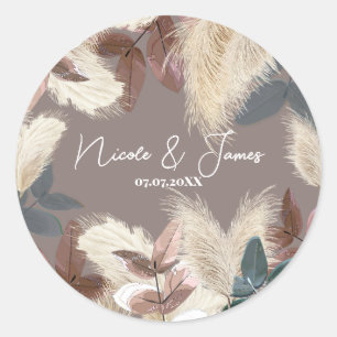 Pampas Gras & Bladeren Aardse Boheemse Bruiloft Ronde Sticker