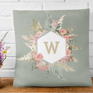 Pampas Gras Boho Bloem Monogram Lijst  Kussen