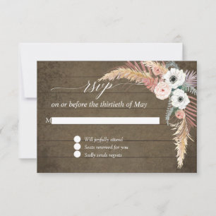 Pampas Gras Boho Blush Witte Bloem Houten RSVP Kaartje