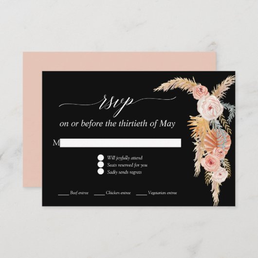 Pampas Gras Boho Roze Bloemenrozen Zwart RSVP (Voorkant / Achterkant)