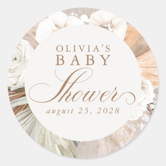 Pampas Gras en Witte Bloemen Boho Elegant Ronde Sticker (Voorkant)