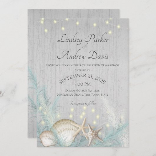 Pampas gras en zeesterren rustieke strand uitnodig kaart (Voorkant / Achterkant)