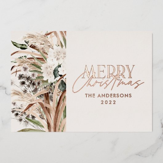 Pampas gras eucalyptus moody modern boho elegant folie feestdagenkaart (Voorkant)