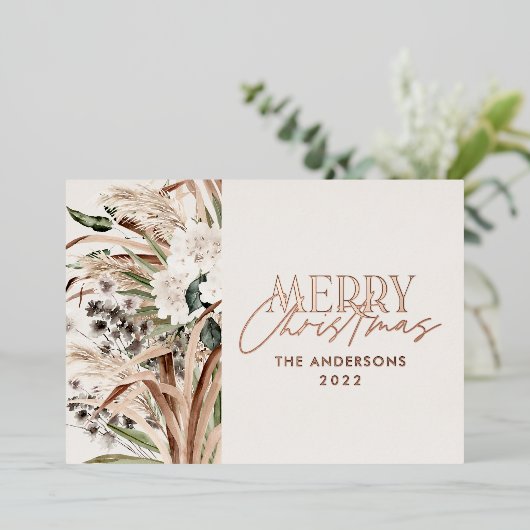 Pampas gras eucalyptus moody modern boho elegant folie feestdagenkaart (Staand Voorkant)