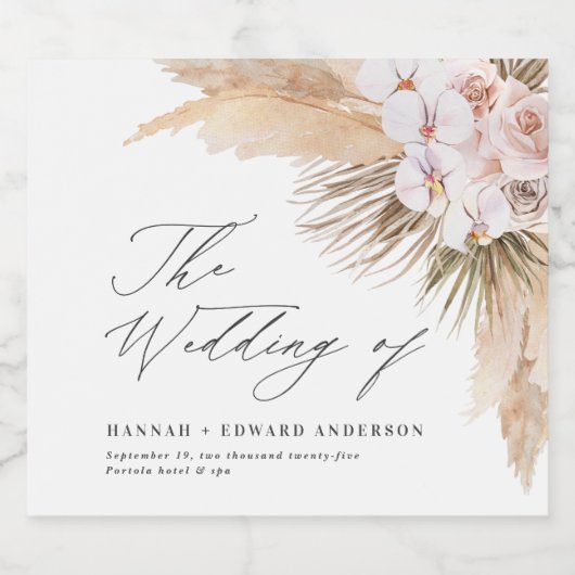 Pampas gras gedroogd botanisch script boho bruilof sparkling wijnetiket (Enkel label)