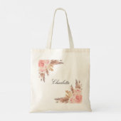 Pampas gras roze goud bloem wit naam tote bag (Achterkant)