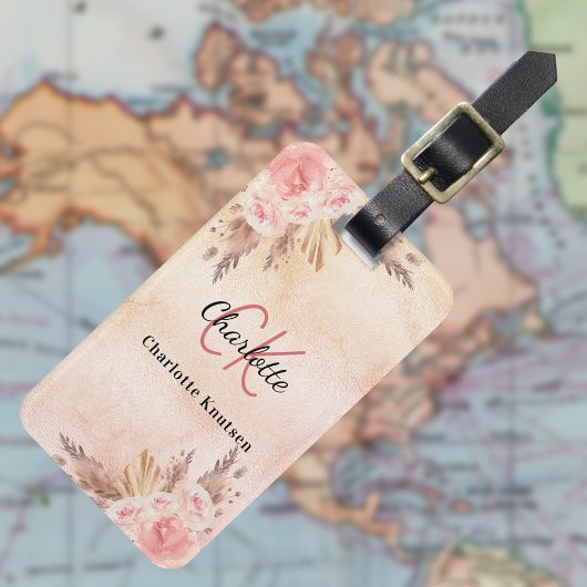 Pampas gras roze gouden bloemen boho naam bagagelabel