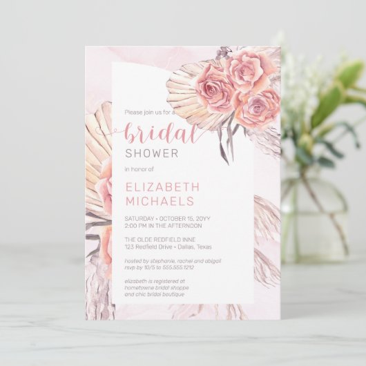 Pampas Gras | Roze Rozen Bloesemende Bruiloftsborr Kaart (Staand voorkant)