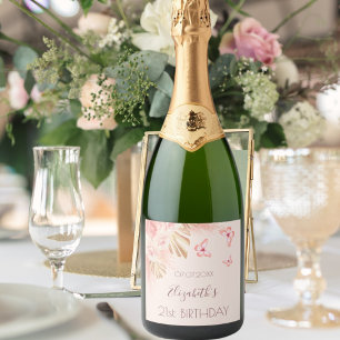 Pampas gras roze rozen perzik vlinders verjaardag sparkling wijnetiket