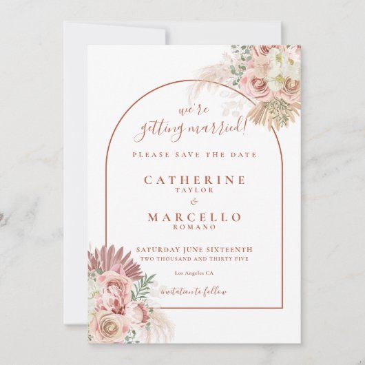 Pampas Gras Terracotta Boog Boho Bruiloft Save The Date (Voorkant)