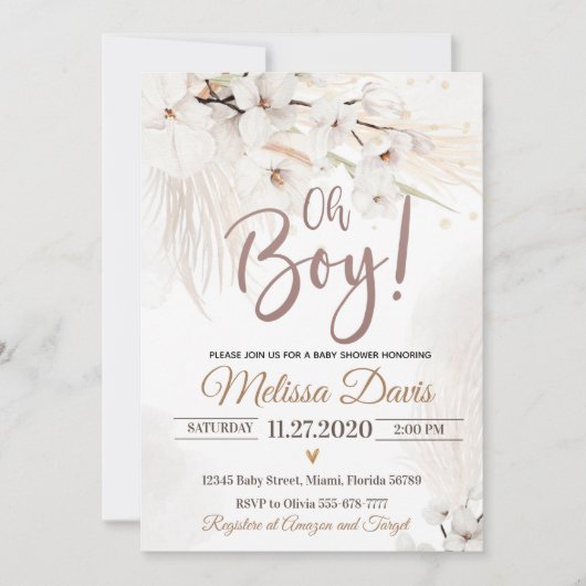 Pampas Grass Baby shower Invitation Oh Boy Bohemia (Devant)