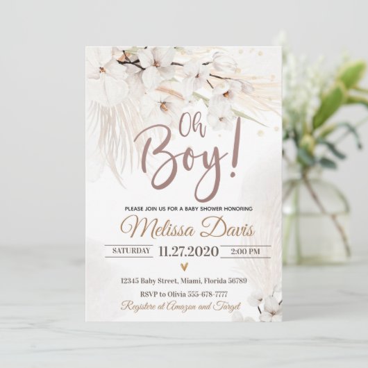 Pampas Grass Baby shower Invitation Oh Boy Bohemia Kaart (Staand voorkant)
