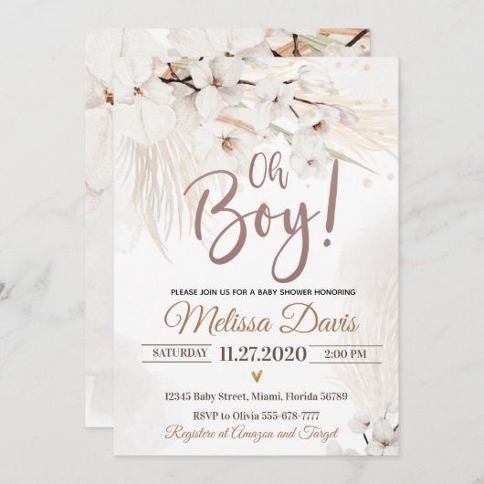 Pampas Grass Baby shower Invitation Oh Boy Bohemia Kaart (Voorkant / Achterkant)