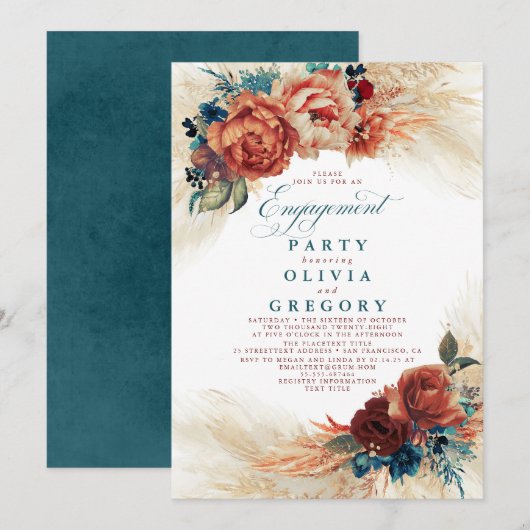 Pampas Grass Blauwgroen Blue Terracotta Engagement Kaart (Voorkant / Achterkant)