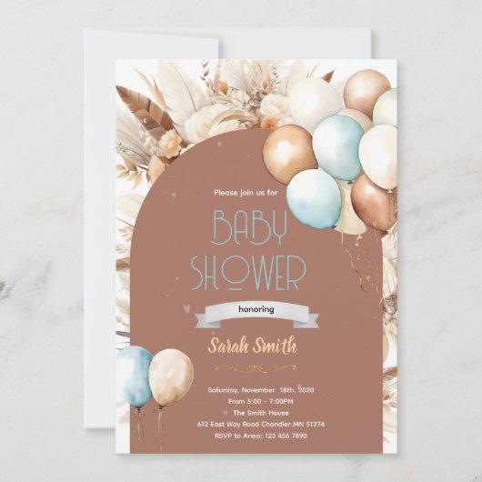 Pampas Grass blue balloon invitation (Devant)