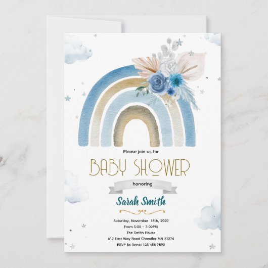 Pampas Grass blue boho rainbow invitation (Devant)