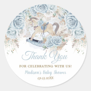 Pampas Grass Blue Floral Rocking Horse Baby shower Ronde Sticker